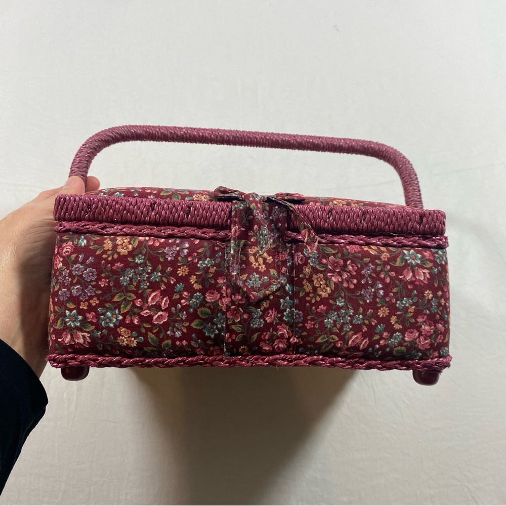 Vintage Sewing Box With Lid Upholstered Padded Floral With Handle Compartments